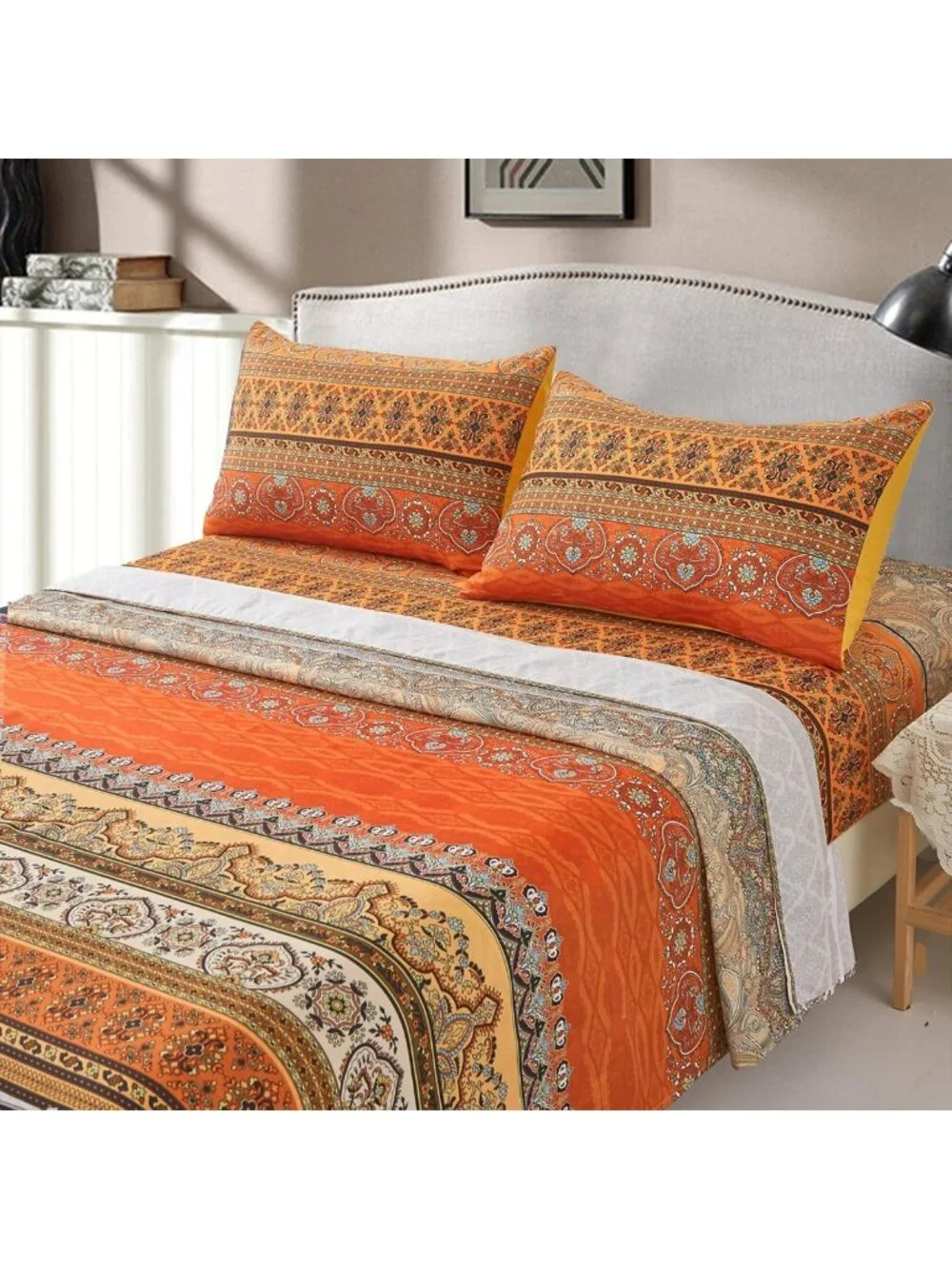 Boho Orange Queen Sheet Set - 4 PCS Colorful Striped Bedding, Deep Pocket